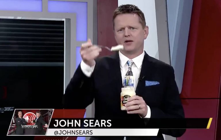It's one of the most Iowa things ever seen on TV, broadcaster John Sears eating spoonfuls of mayo in excitement for the NCAA Duke's Mayo Bowl