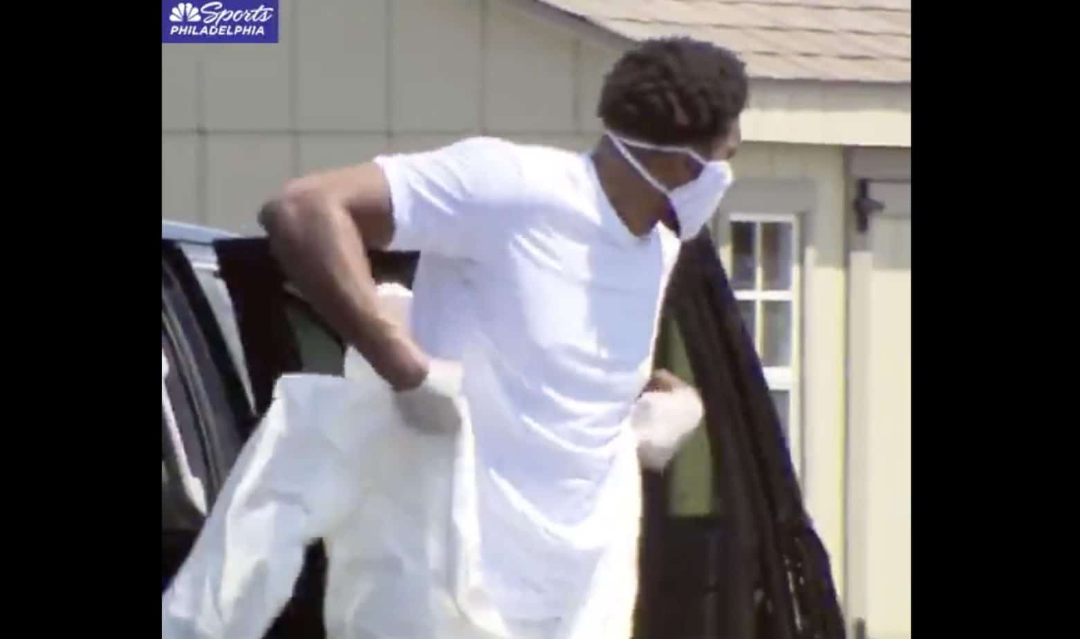 Joel Embiid got to the NBA bubble in Orlando wearing a full hazmat suit, gloves and mask. Looking like he's ready to clean porta potties.