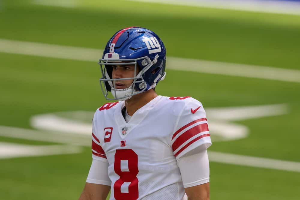 New York Giants newly-hired general manager Joe Schoen called Daniel Jones the quarterback "right now" when speaking at the scouting combine