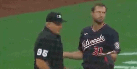 Washington Nations ace Max Scherzer looked like he was ready to kill someone when an umpire did the routine "sticky substance" check