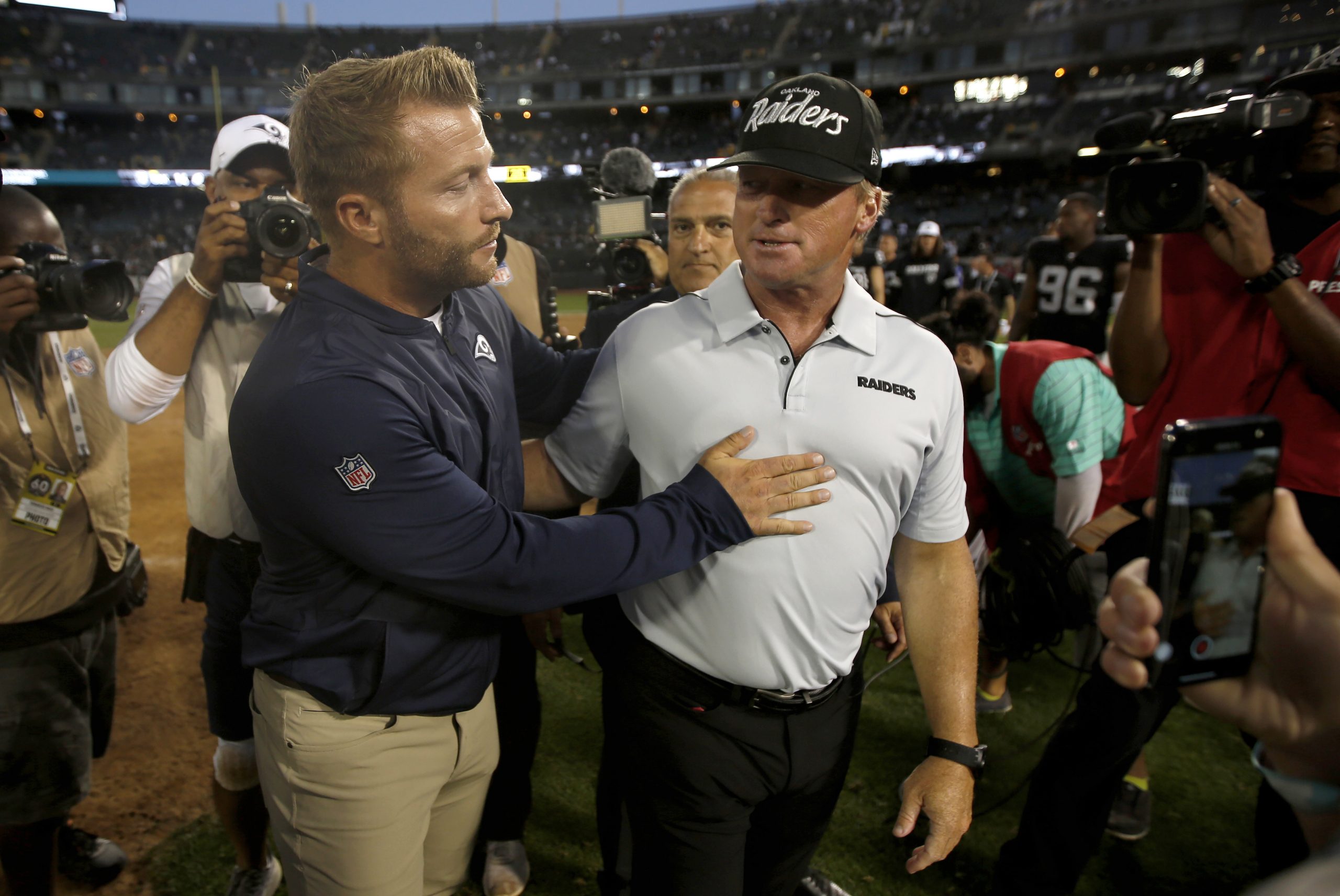 Many fans were pointing out a Sean McVay and Jon Gruden handshake moment during a chippy practice between the Raiders and Rams