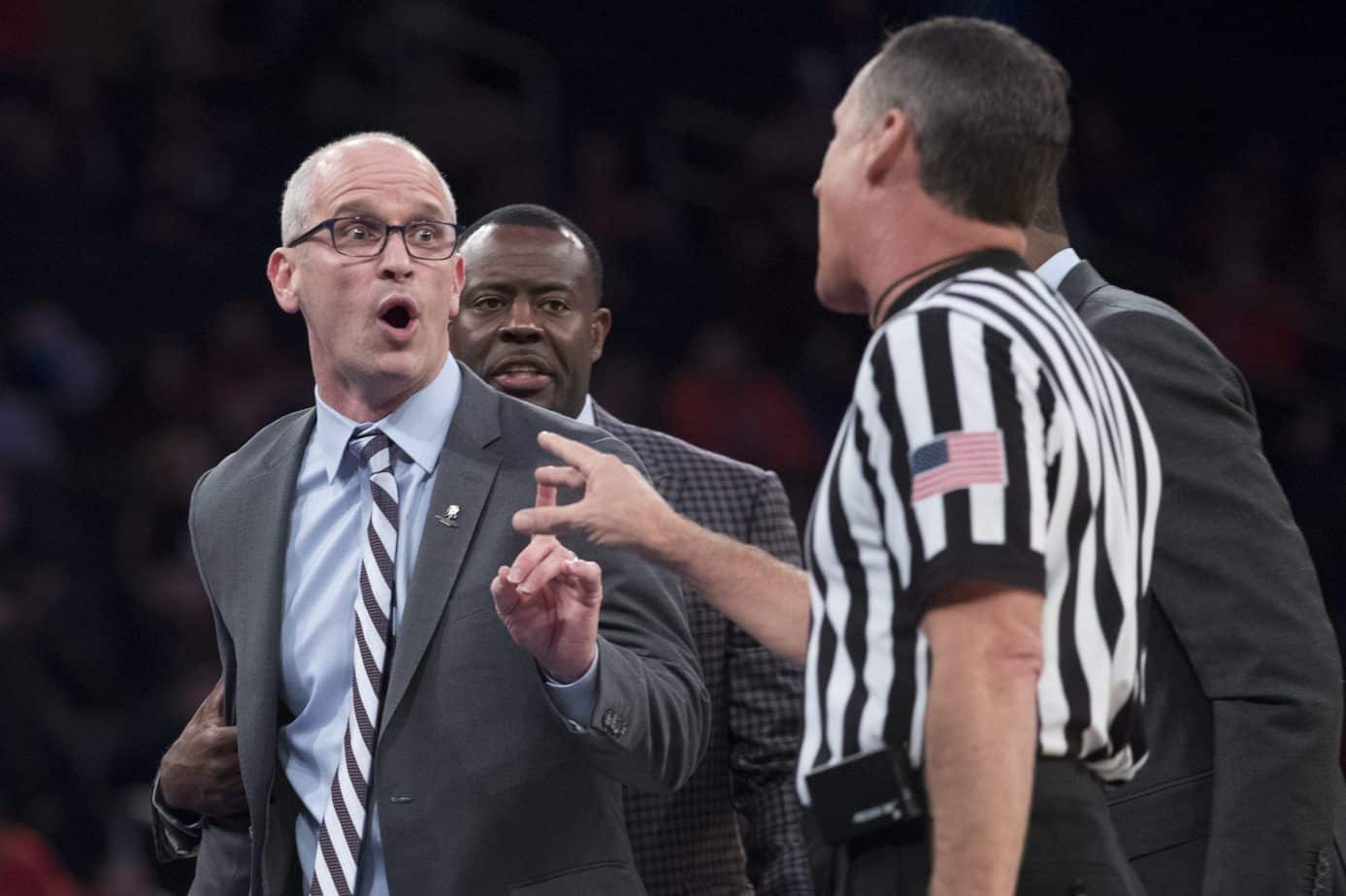 College basketball refs are under fire on Tuesday night after UCONN head coach Dan Hurley was ejected for hyping up his crowd during the Villanova game